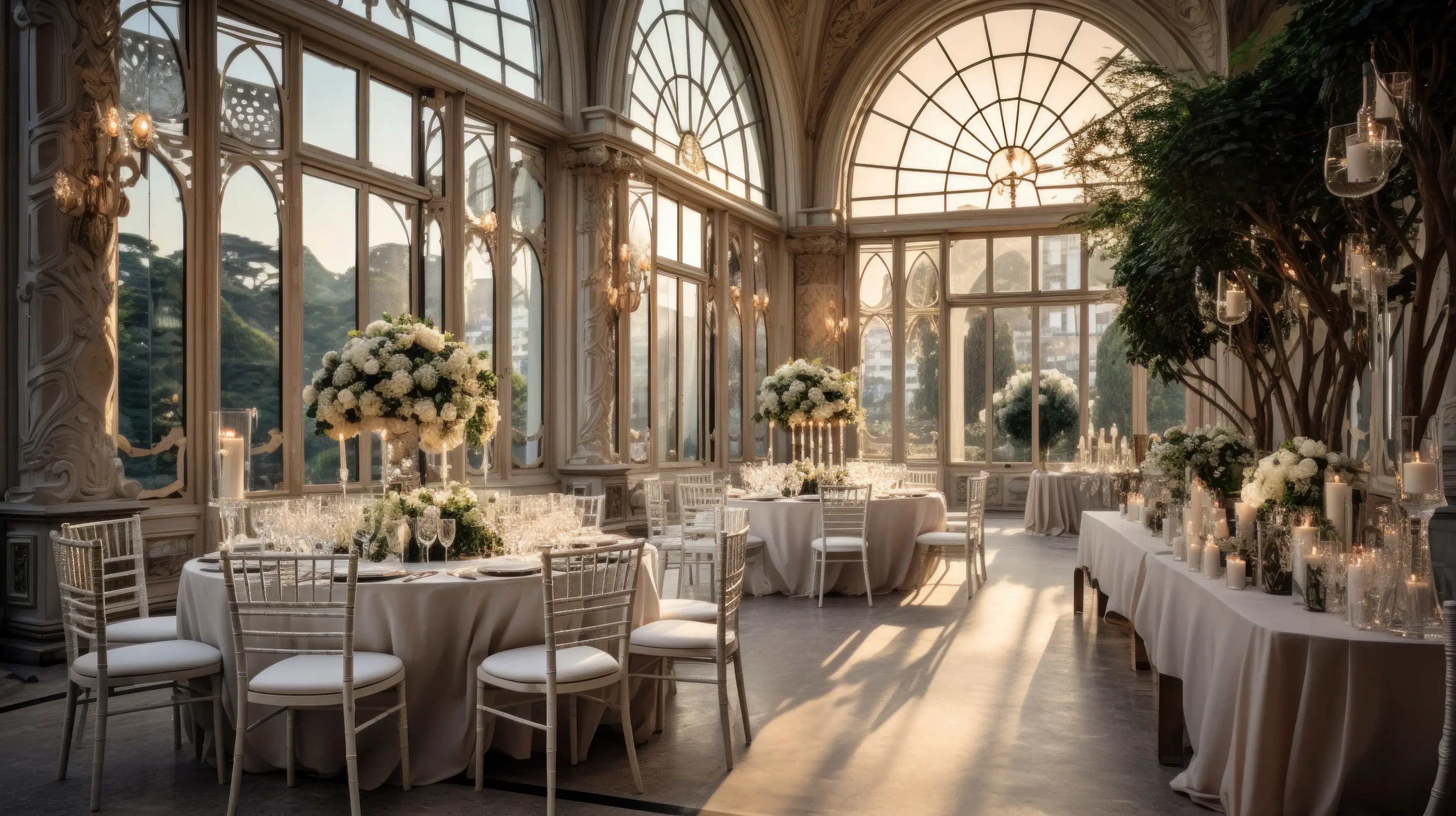 An orangery laid for a wedding breakfast at golden hour, arched glass windows, candlelight and white florals